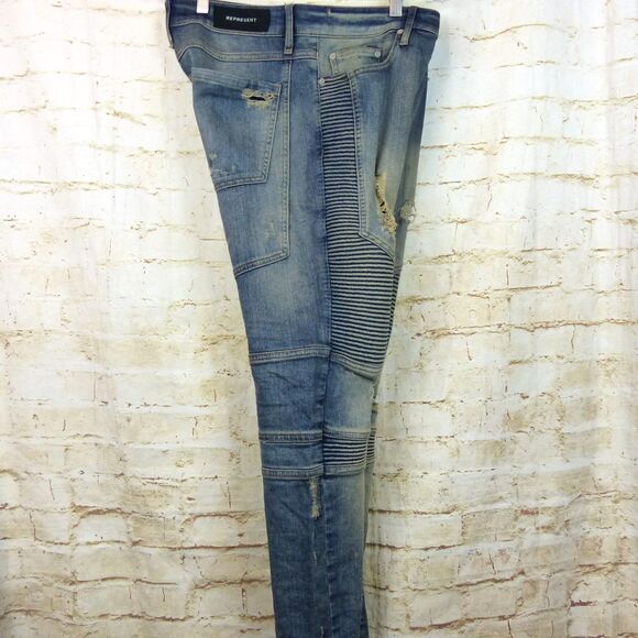 Represent Biker Jeans Mens 32 Blue Sand Stone Destroy Wash Moto Rib Skinny Rock - Picture 9 of 15